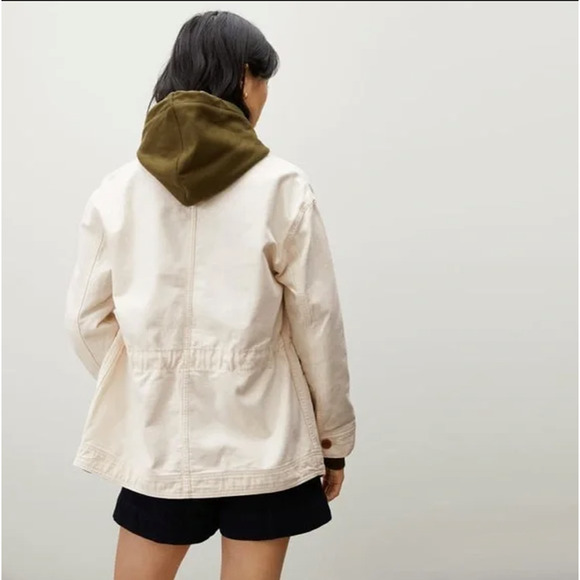 Everlane Womens Cinchable Chore Jacket Small Cream Bone Cotton Canvas Button NWT - Picture 2 of 10